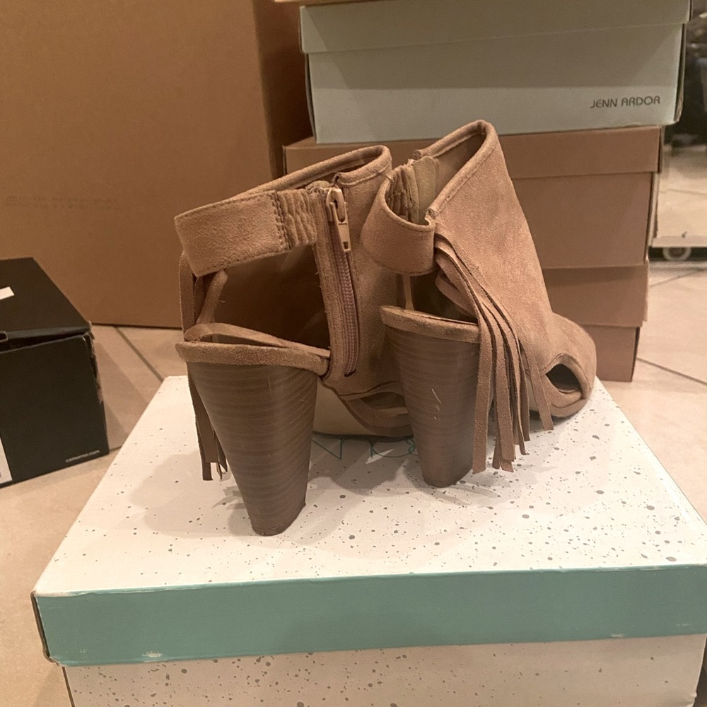 Suede Camel Peep Toe Ankle Boot With Side Fringe - image 3